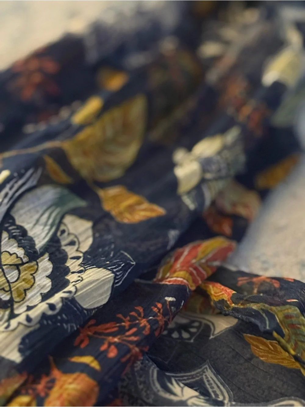 Christopher & Banks Navy Floral Chiffon Scarf - Mustard & White Accents